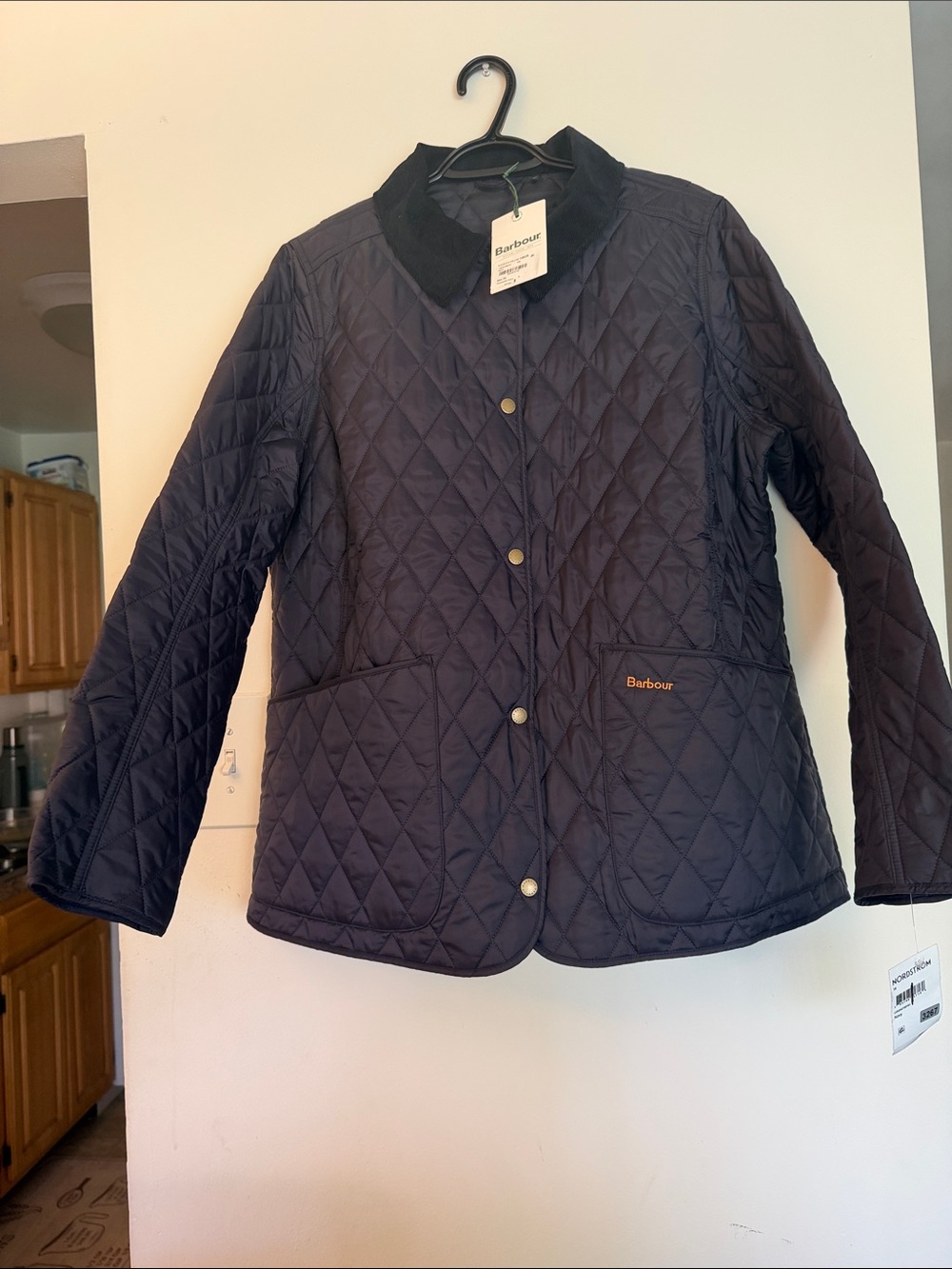 Barbour Quilted Puffer Jacket in Navy with Black Cord Collar